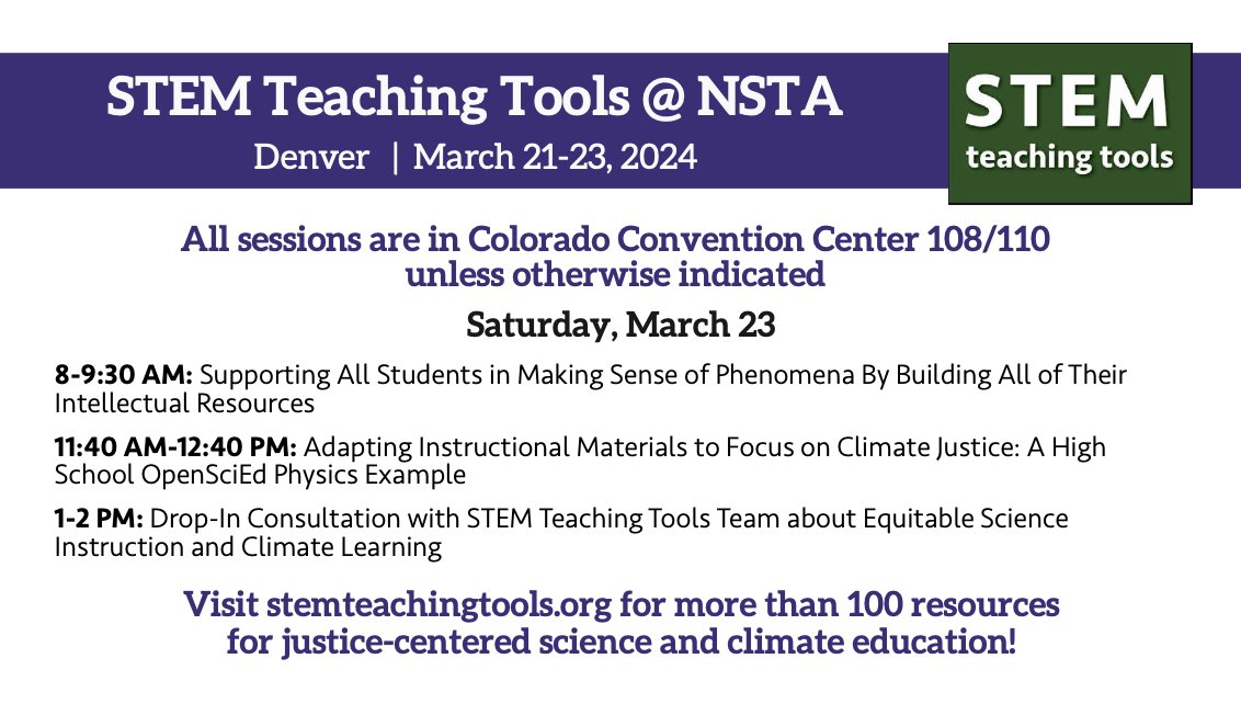 Happy Saturday morning, #NSTA24! The @UW @STEMTeachTools team has 3 more sessions today. We launch at 8am in Conv Ctr 110 with… 🔥Supporting All Students to Make Sense of Phenomena by Building on All of Their Intellectual Resources🔥 Sssshhhh... this is my favorite session!😀