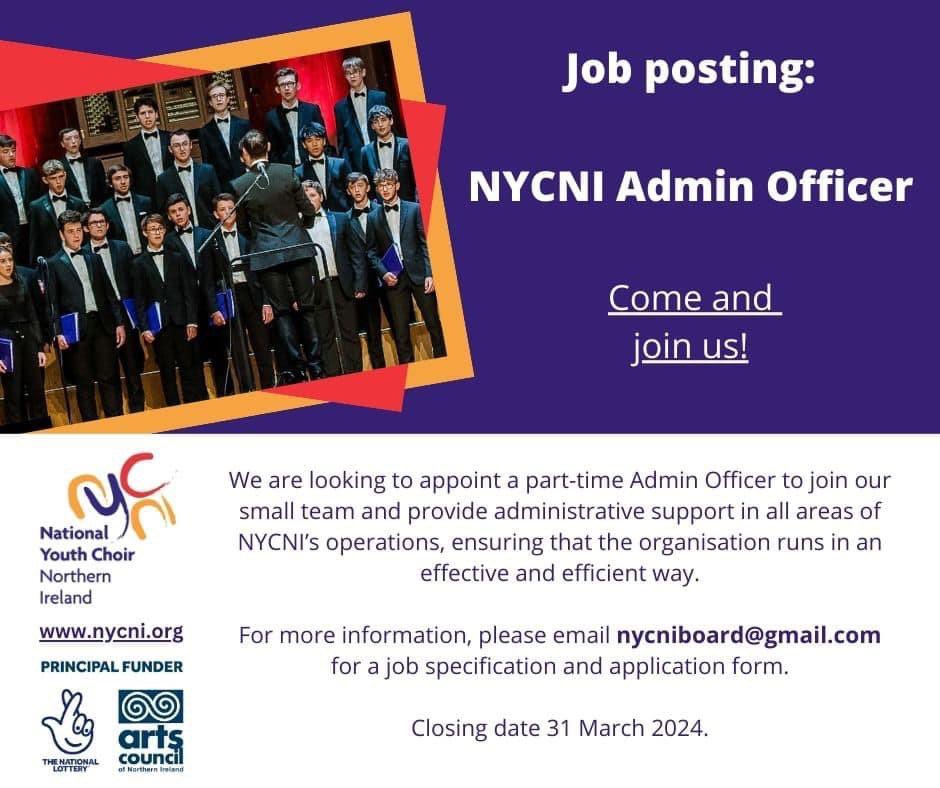 ✨Job posting!✨ Have you got arts admin experience? Join us at NYCNI, helping champion choral singing in NI! For more info, email: nycniboard@gmail.com