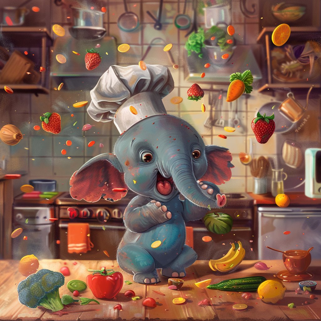 Someone call for a chef? 🐘 This guy might be a bit messy, but his enthusiasm is unmatched! 🤣 #elephantchef #kitchenchaos #cartoonfun #foodiehumor