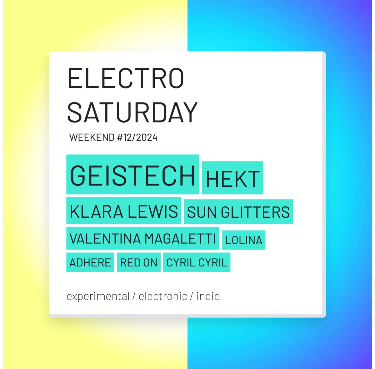 ⚡️⚡️#ELECTROSATURDAY ⚡️⚡️ 🤯🔊WEEKEND #12/24🚨💣 check out our favourite electro releases hashbrandnew.com/L/169265 1:@geistech 2: #Hekt 3:@KlaraLewis_ 4:@sunglitters 5: #ValentinaMagaletti 6:@lolina_relaxin 7: #Adhere 8: #RedOn 9: #CyrilCyril #Electronic #Experimental