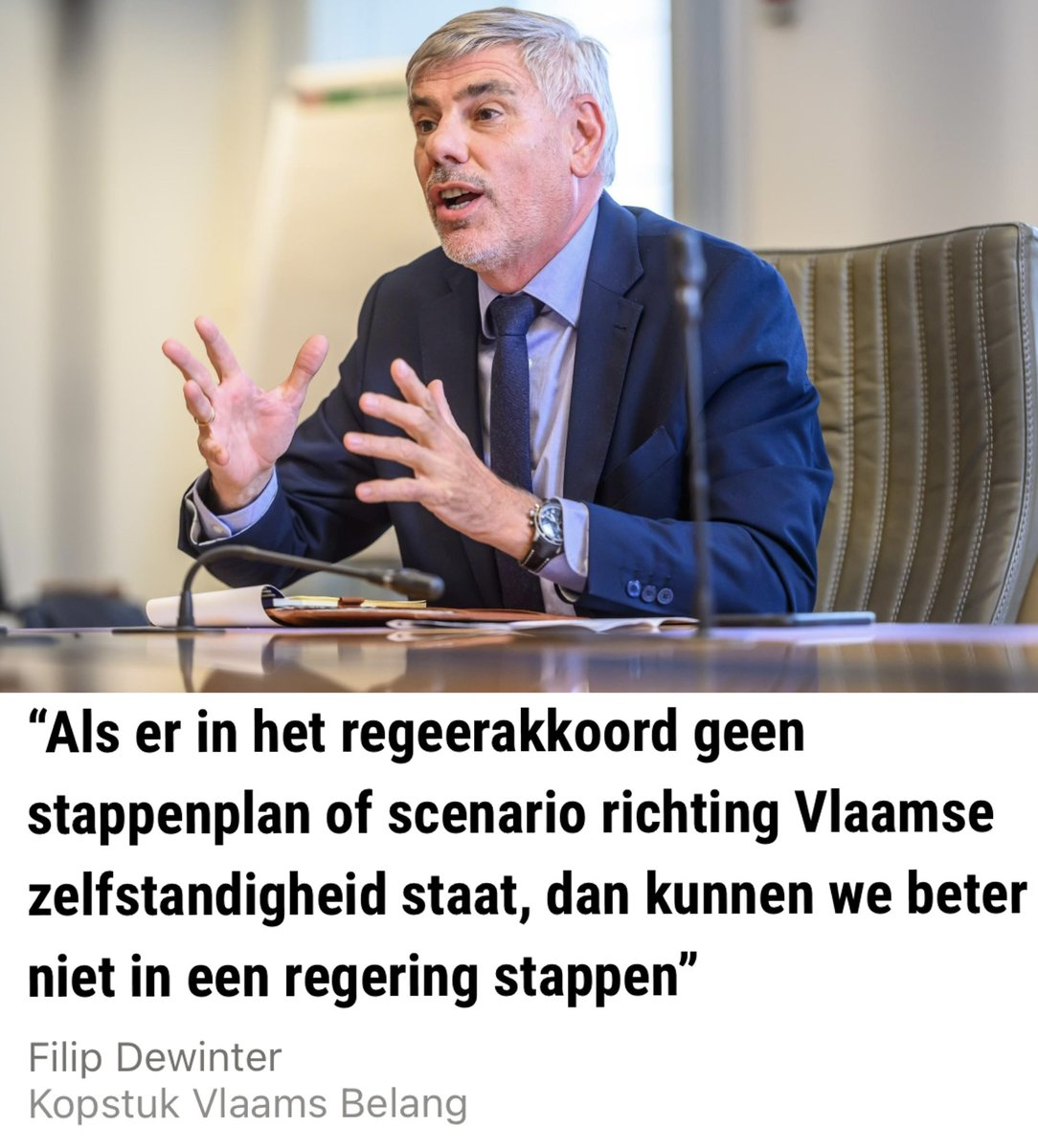 Filip Dewinter is duidelijk: «Als we samen met N-VA een meerderheid hebben, dan hebben we een unieke kans om stappen te zetten naar Vlaamse onafhankelijkheid », zegt hij. «Als er in het regeerakkoord geen stappenplan of scenario richting Vlaamse zelfstandigheid staat, dan kunnen…