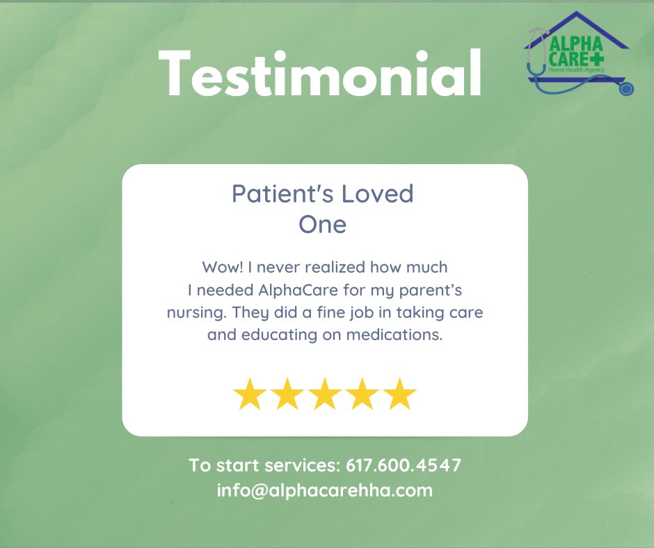 Grateful for your kind words! 🙏 Honored to positively impact your loved one's care. Compassionate home health assistance is our priority at AlphaCare. Thank you for choosing us! #AlphaCare #HomeHealth #Testimonial ☎️ 617.600.4547 📧 info@alphacarehha.com