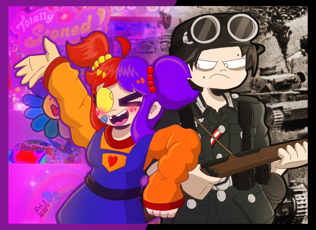 Contrasting colour schemes

Ft Mackenzie (owned by @/Vampyvee)
and Hugo (owned by me)
#kidcore #kidcoreasthetic #ww2 #ww2german #ww2germany #bhtvforvictory #bluehelmetoc #oc #notmyoc #ocfanart #crossover #art #artwork #myart #digitalart #digitaldrawing #drawing #cartoon