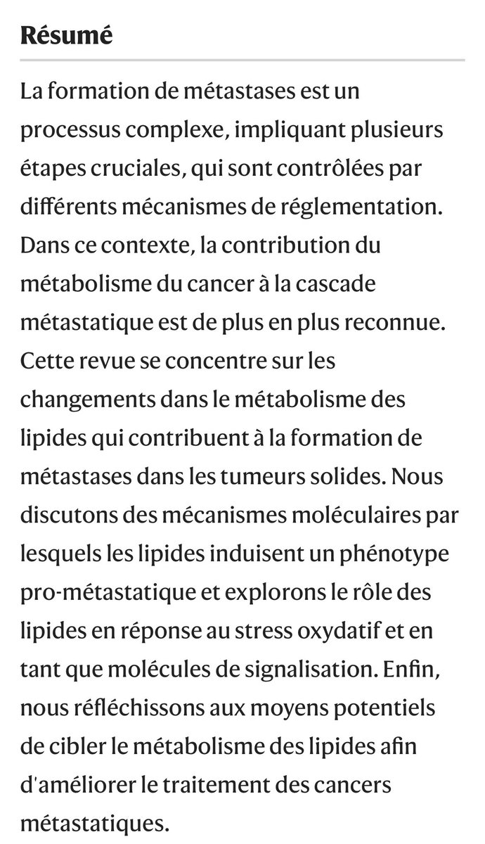 Je vous laisse en déduire les implications 😔⬇️

Le rôle des lipides dans la progression du cancer et les métastases

sciencedirect.com/science/articl…

Les lipides comme médiateurs de la progression du cancer et des métastases

nature.com/articles/s4301…