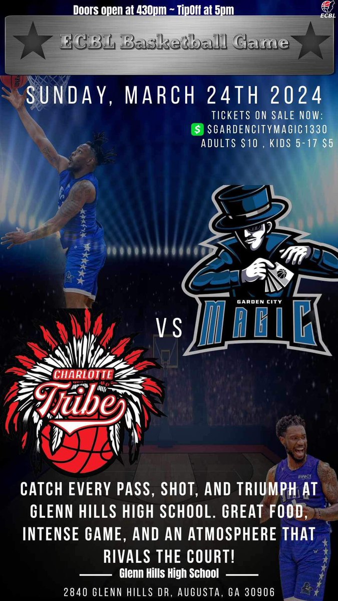 Tomorrow is another exciting day for ur Garden City Magic!!! The Magic take on <a href="/CltTribe/">Charlotte Tribe</a> tomorrow @ Glenn Hills High, tipoff @ 5pm! Get ur tickets now while they’re still on sale w/ cash app $GardenCityMagic1330!! Come out enjoy a great game and bring a friend!! <a href="/ECBLhoops/">ECBL 🏀</a>