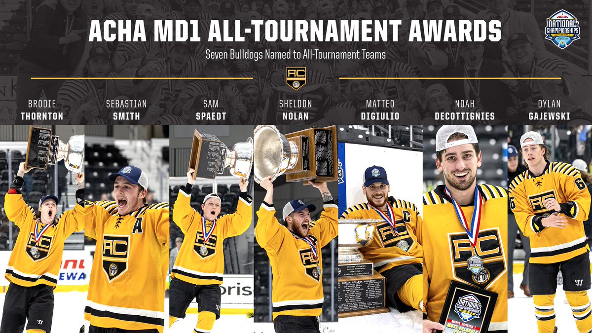 Seven members of the @AdrianMD1Hockey team received @ACHAHockey All-Tournament recognitions on Friday after their performances at the 2024 National Tournament, helping the Bulldogs clinch the program's third National title. 📰 -- tinyurl.com/56p4zsh6 #ACHA #GDTBAB