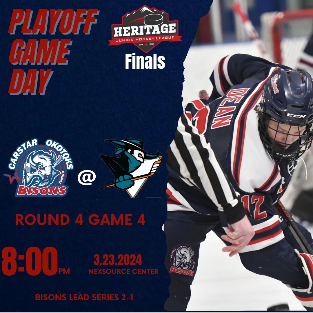 OkotoksBisons's tweet photo. ITS GAME DAY! Tonight we head to Sylvan Lake looking to take control of the series and go up 3-1! Puck drop 8:00pm, if you can’t make it be sure to watch it on HN live! #bisonswagon https://t.co/KmT51L25n1