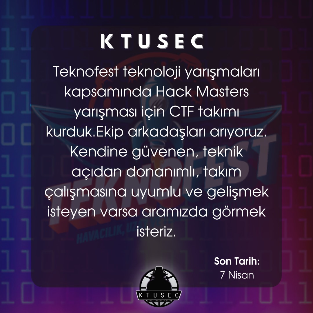 Ekip çalışmasına yatkın olduğunu düşüyorsan ve yeterli donanıma sahipsen bu yıl sen de KTUSEC ile Teknofestte yer alabilirsin 🚀 Başvuru formu ⬇️⬇️⬇️ forms.gle/3KKN1PPkeyhEDb…