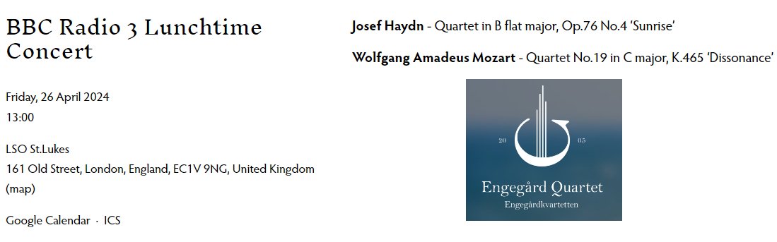 26 April 2024 @lsostlukes The Oslo @EngegardQ Quartet @BBCRadio3 present 2 masterpieces by #Haydn & #Mozart: #Haydn String Quartet no. 63 'Sunrise,' Op.76 no.4, Hob III:78 #Mozart String Quartet no. 19 'Dissonance', K465! #Londoners #music #concert engegardquartet.com/concerts/bbc-r…