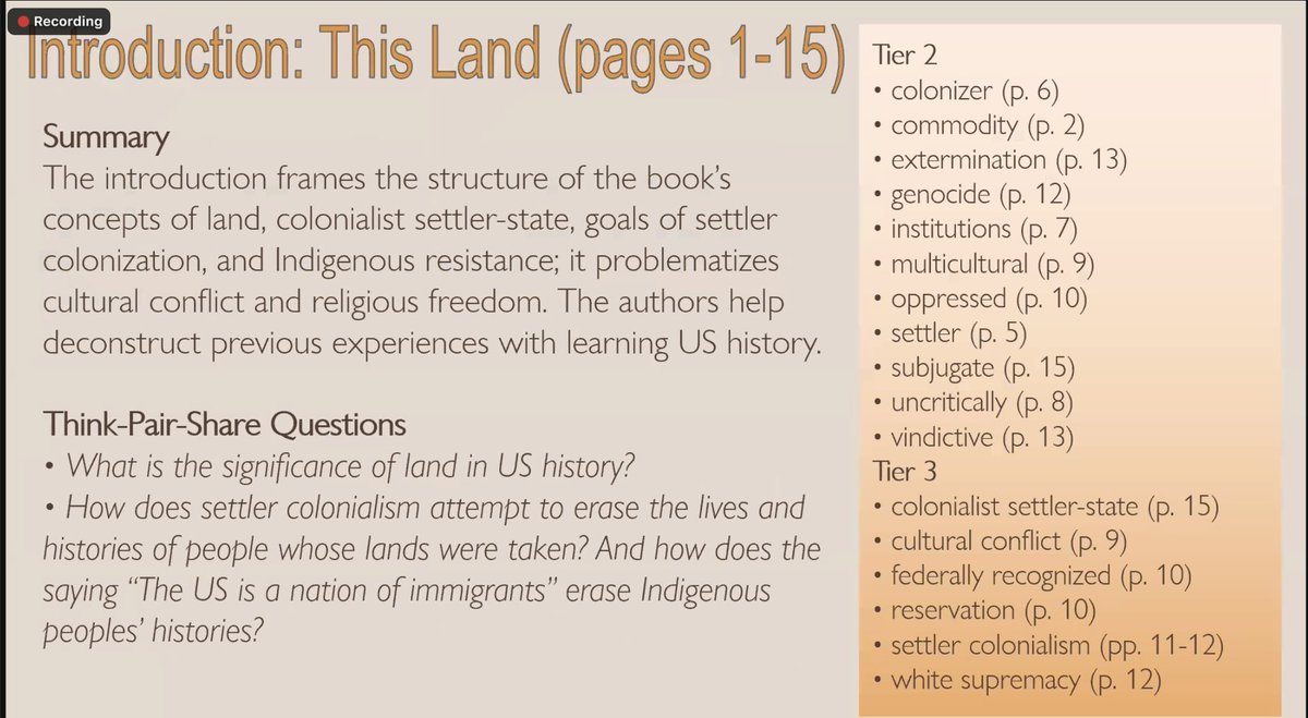 Dr. Natalie Martinez sharing her work in creating a teacher’s guide for An Indigenous Peoples’ History of the US and her format, including ELD supports of talking and vocabulary activities/call outs, in today’s @OERProject conf. #sschat beacon.org/Assets/PDFs/In…