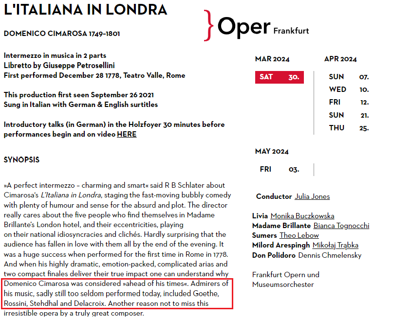 30 March / 7, 10, 12, 21, 25 April / 5 May 2024 #OperFrankfurt presents: #Cimarosa Opera L'Italiana in Londra / The Italian Girl in London! #opera #music #theatre #NeapolitanSchool #Intermezzo #ComicOpera oper-frankfurt.de/en/season-cale…