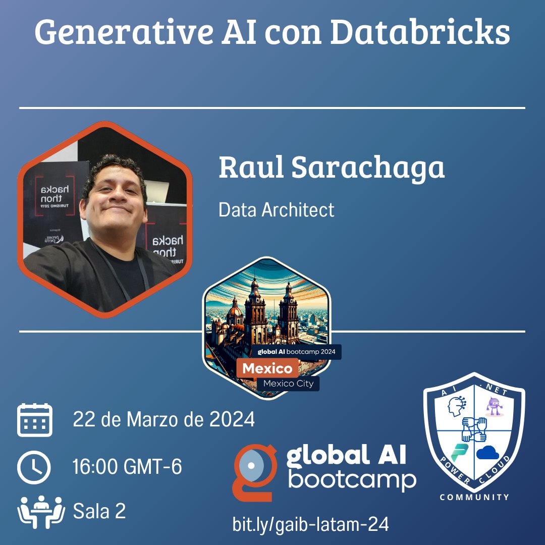 Dentro de unos instantes, Raul Sarachaga nos explica "Generative AI con Databricks" en el #GlobalAIBootcamp Latinoamérica 2024

📺: youtube.com/watch?v=V1_wjk…

#MVPBuzz