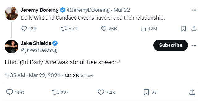 The Daily Wire's ending a relationship with a show host is not censorship. If anything she can speak more freely now than before, and I have no doubt the hosts and owners of the Daily Wire will continue to defend her right to do so.