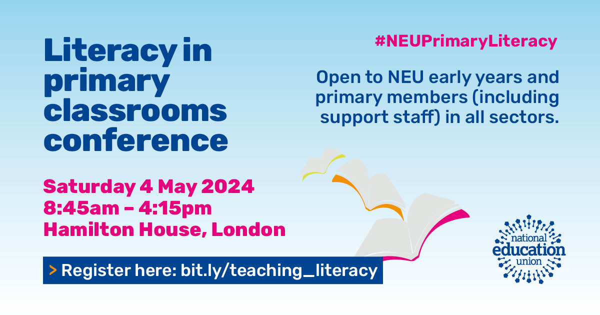 Join us at the Literacy in Primary Classrooms conference – a day of learning and collaboration, run by @NEUnion and @The_UKLA.

📅Sat, 4 May.
⏰8:45 am - 4:15 pm
📍Hamilton House

Tickets cost £10.

✍️Book your place here 👉 bit.ly/teaching_liter… 

#NEUPrimaryLiteracy @The_UKLA