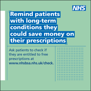 Patients with long-term conditions could save money on their prescriptions. If your patient is on a low income, they could be entitled to help with costs or free prescriptions. People can check if they’re eligible for help at nhsbsa.nhs.uk/check. #teamCNO