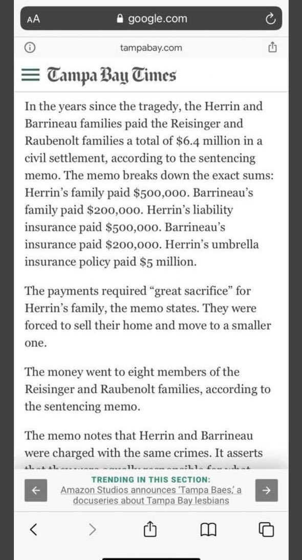 The family received money. Receiving money and accepting it usually means that the other party agrees for a settlement but still the court sentenced Cameron to 24 years. #Cameron_herrin_is_innocent  #Florida  #floridarealestateagents #Tampa  #Tampa4  #TampaBay