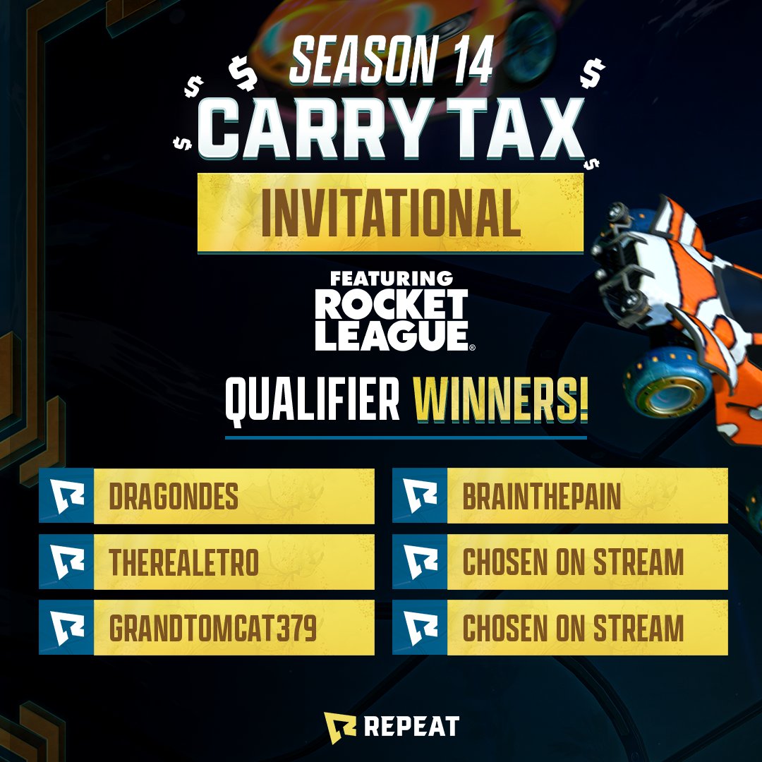 🎉Congratulations to the qualifier winners for the Season 14 Carry Tax Invitational! 🎉 🏎They have been invited to play with #RocketLeague professional players, each with the chance to earn THOUSANDS in prizes🏎 The best part? Two more players will be chosen LIVE from the