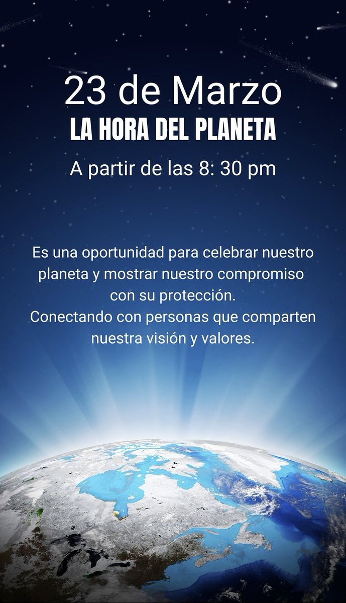 CFugaces's tweet photo. Consiste en durante una hora no usar ningún aparato electrónico ni luz. ¡Soldados esperemos nos podamos unir y hacer conciencia! 🌎⭐️ #HoraDelPlaneta #CambioClimático #Mundial #Mundo #World https://t.co/Mgt7KLvWMC