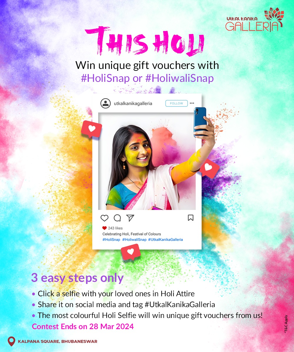 🎨✨ This Holi, let your colours shine and win exciting prizes with #HoliSnap or #HoliwaliSnap at <a href="/UtkalGalleria/">Utkal Kanika Galleria</a>! 🌈📸

Here's how you can join in on the fun and stand a chance to win unique gift vouchers:

*T&amp;C Apply