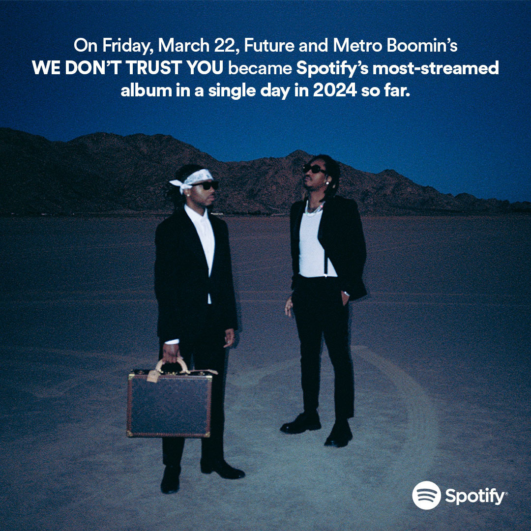 On Friday, March 22, Future and Metro Boomin's WE DON'T TRUST YOU became Spotify's most-streamed album in a single day in 2024 so far.