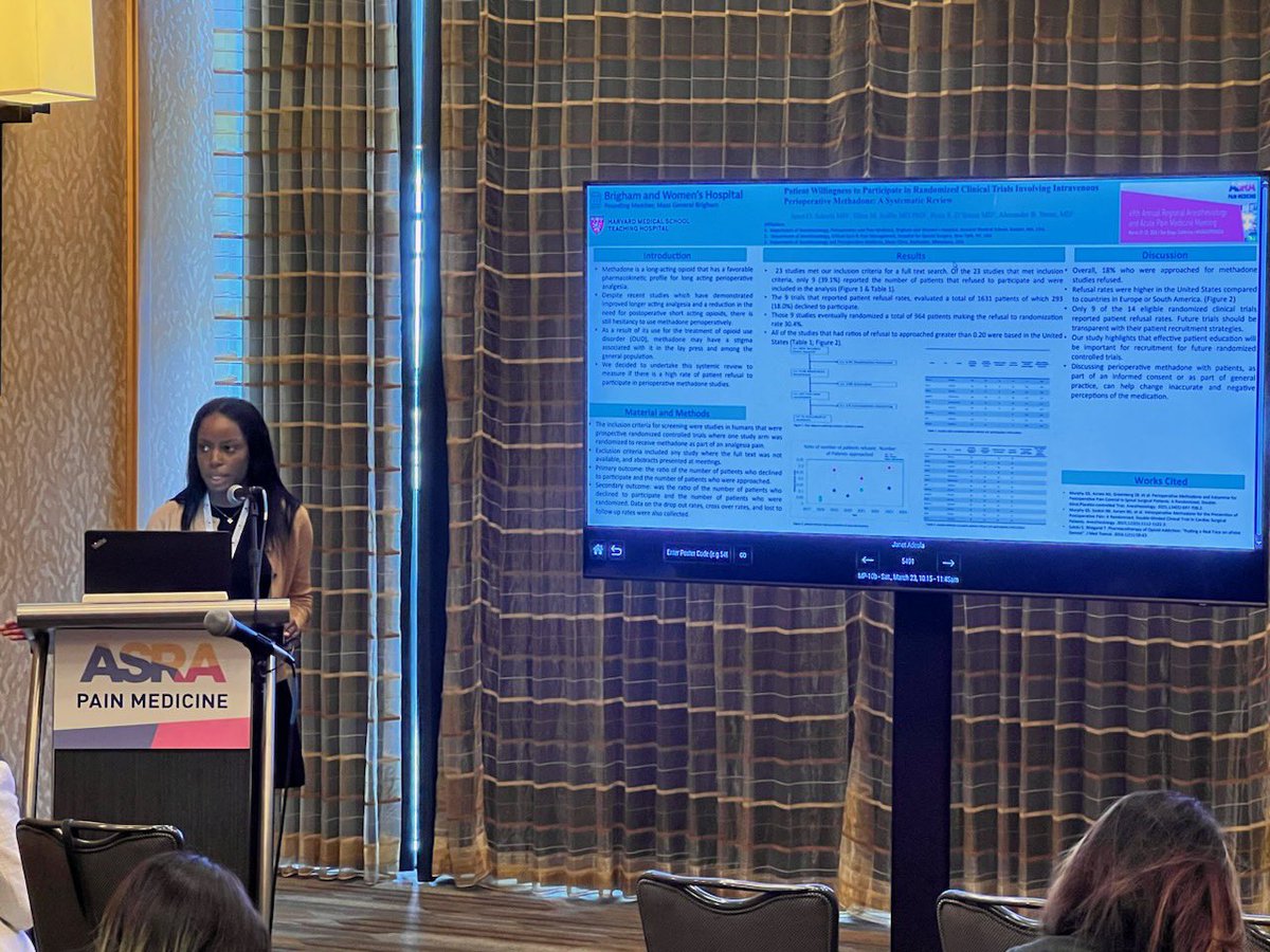 Alex Stone (@alexbstone) on Twitter photo Our fabulous resident Janet Adeola from <a href="/BrighamAnes/">Brigham and Women’s Anesthesiology</a> presenting #ASRASPRING24 collaborative work with <a href="/MayoAnesthesia/">Mayo Clinic Department of Anesthesiology</a> <a href="/Ryan_S_DSouzaMD/">Ryan D'Souza, MD</a> and <a href="/HSSAnesthesia/">HSS Anesthesiology</a> <a href="/ESoffin/">Ellen Soffin, MD, PhD</a>! TLDR; patients from US are less likely to participate in RCTs involving iv #methadone compared to Europeans Our fabulous resident Janet Adeola from <a href="/BrighamAnes/">Brigham and Women’s Anesthesiology</a> presenting #ASRASPRING24 collaborative work with <a href="/MayoAnesthesia/">Mayo Clinic Department of Anesthesiology</a> <a href="/Ryan_S_DSouzaMD/">Ryan D'Souza, MD</a> and <a href="/HSSAnesthesia/">HSS Anesthesiology</a> <a href="/ESoffin/">Ellen Soffin, MD, PhD</a>! TLDR; patients from US are less likely to participate in RCTs involving iv #methadone compared to Europeans