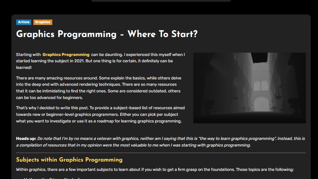 StefanPijnacker's tweet image. Hey there!
I just released my first article: "Graphics Programming - Where to Start"
stefanpijnacker.nl/article/graphi…
It's aimed towards new graphics programmers that want resources that are in my opinion the best when starting out with graphics.
Hopefully it can be of help to some :)