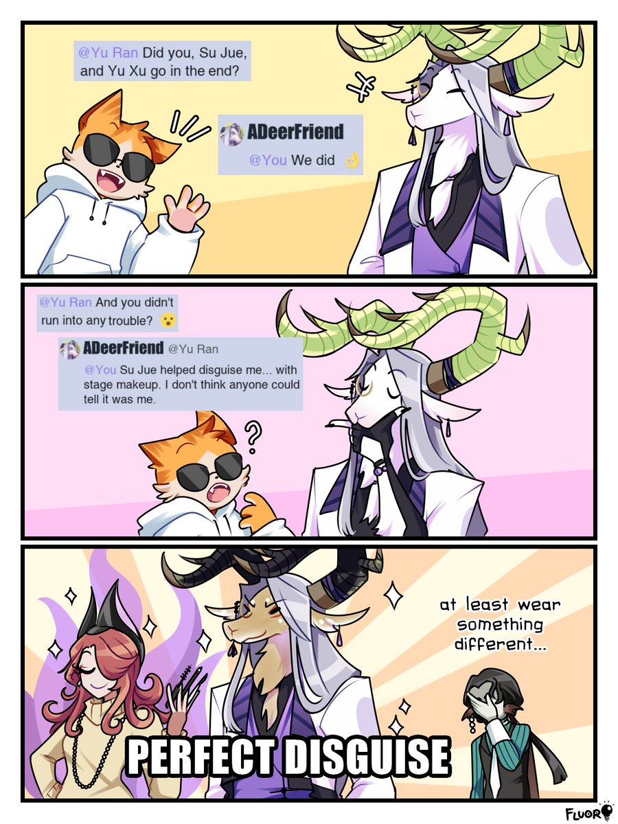 [#Dislyte / #DislyteFanart] drew another comic of a post on the in-universe social media
because SURELY if we put make-up on the 5'10" deer man he will become unrecognizable 