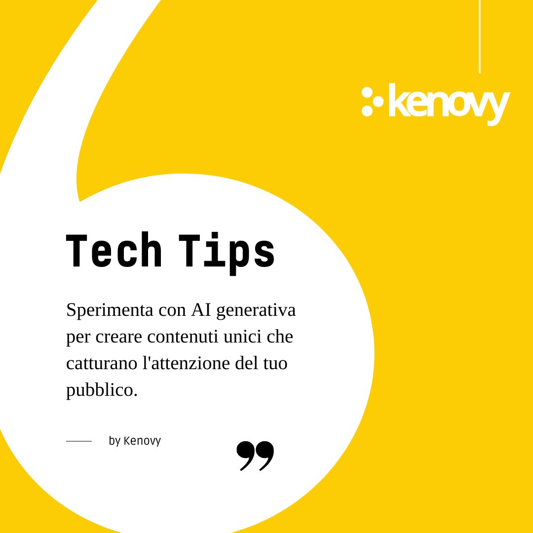 🚀 Tech Tips by #Kenovy 🔸Sperimenta con AI generativa per creare contenuti unici che catturano l'attenzione del tuo pubblico.🔹 👉 kenovy.com #techtips #digitaltransformation