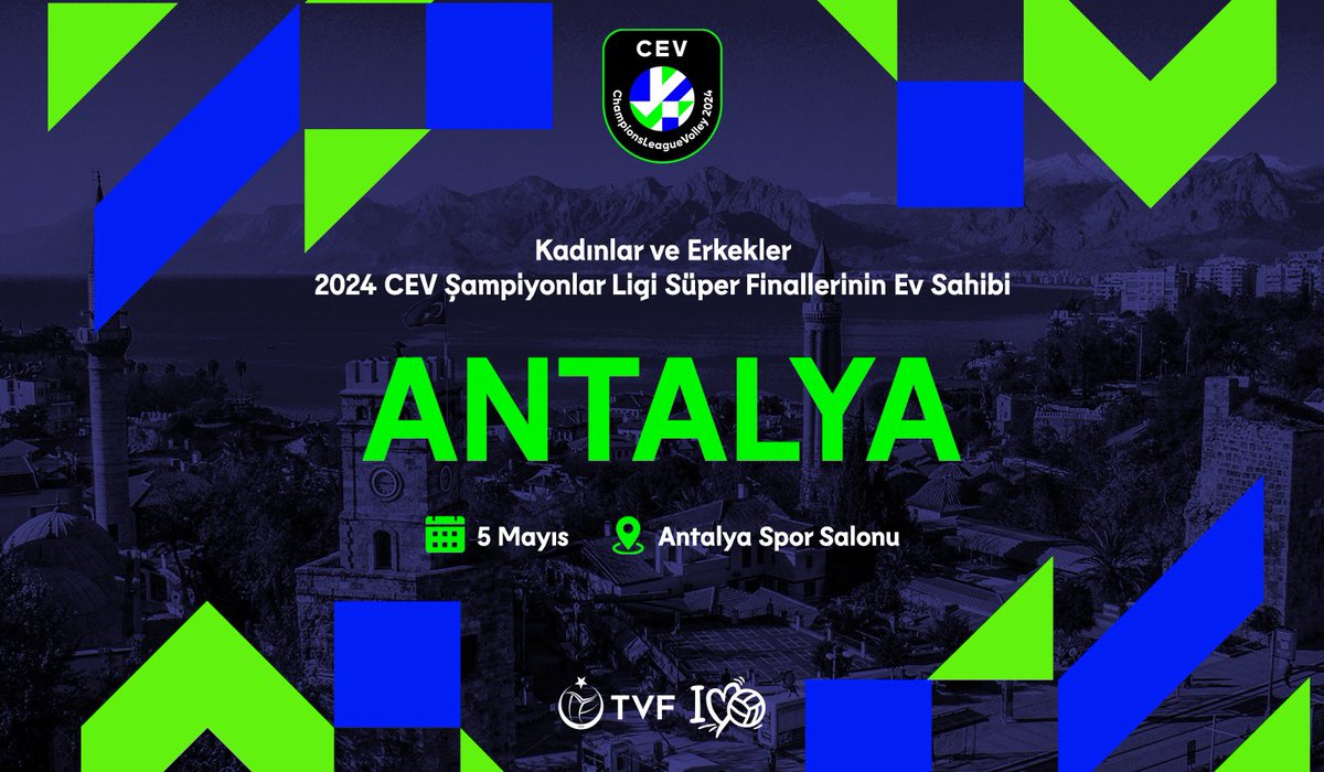 Antalya'mız dünya voleybolunun metropolü olmaya devam ediyor. 🇹🇷 5 Mayıs tarihinde oynanacak olan CEV Şampiyonlar Ligi finaline Antalya'mızın ev sahipliği yapacağı açıklandı. 🏐