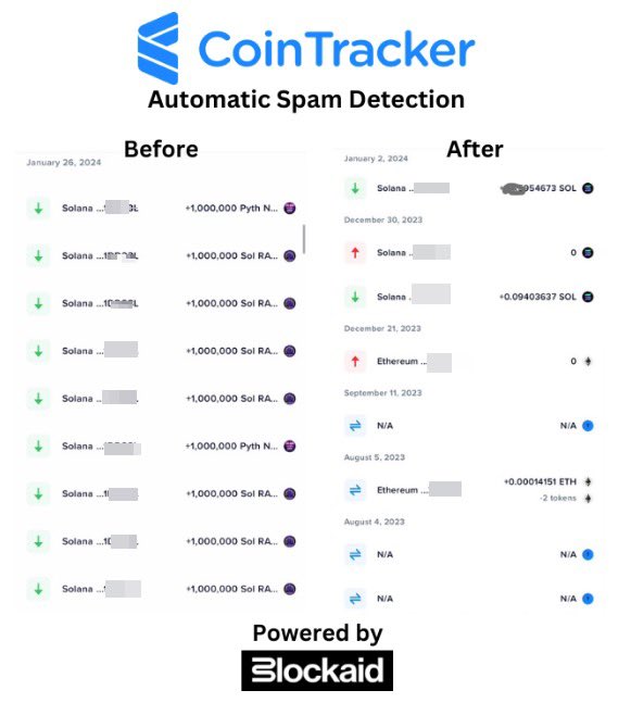 My @CoinTracker account before and after @blockaid_ 10x improvement and time saved