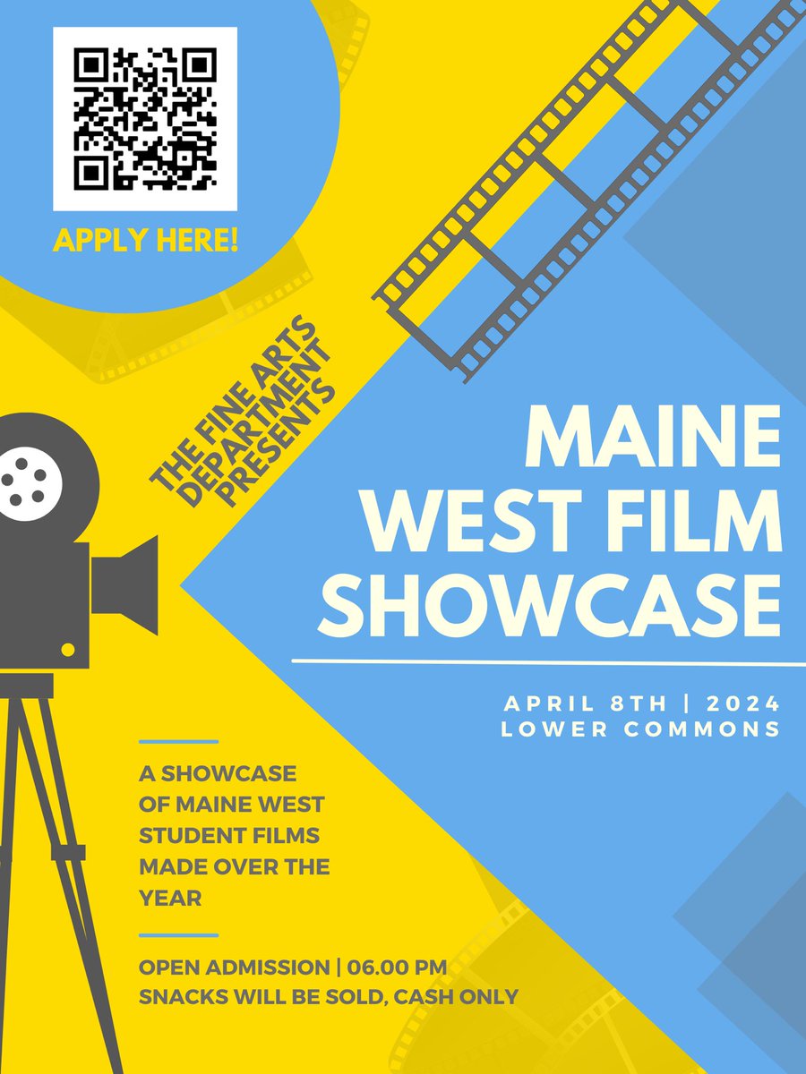 mainewestFAB's tweet photo. Maine West Film Showcase presented by the Maine West Fine Arts Department on Monday, April 8th starting at 6pm in Lower Commons! 
@wmth_west @mwfinearts @mainewestdrama @mainewestband @mworchestras @westsidedanceco @mainewestchoir @mainewesttechcrew @mwactivities @mwspeechteam https://t.co/gXMyPANGEY
