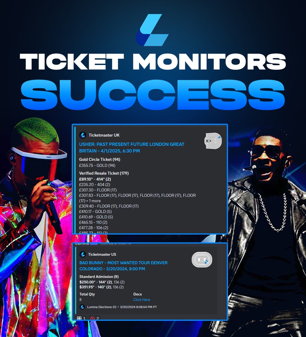 Empowering fans in their journey to secure Usher and Bad Bunny tickets with our state-of-the-art monitoring technology! 🚀 Lumina ensures your prime spot at the forefront of the ticket queue, turning dreams into reality faster than the beat drops on a hit track. 🎟️✨