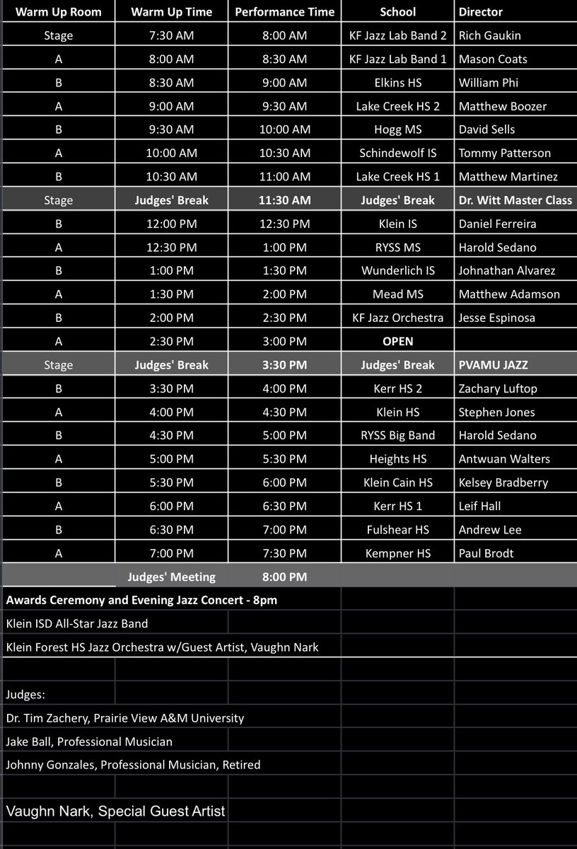 The Inaugural KF JAZZ FEST has kicked off!! Come check out some great jazz bands! #jazzeducation

<a href="/KleinISD/">Klein ISD</a> <a href="/kleinfinearts/">Klein ISD Fine Arts</a> @kleinforest <a href="/KFHS_Band/">Pride of the Forest</a>