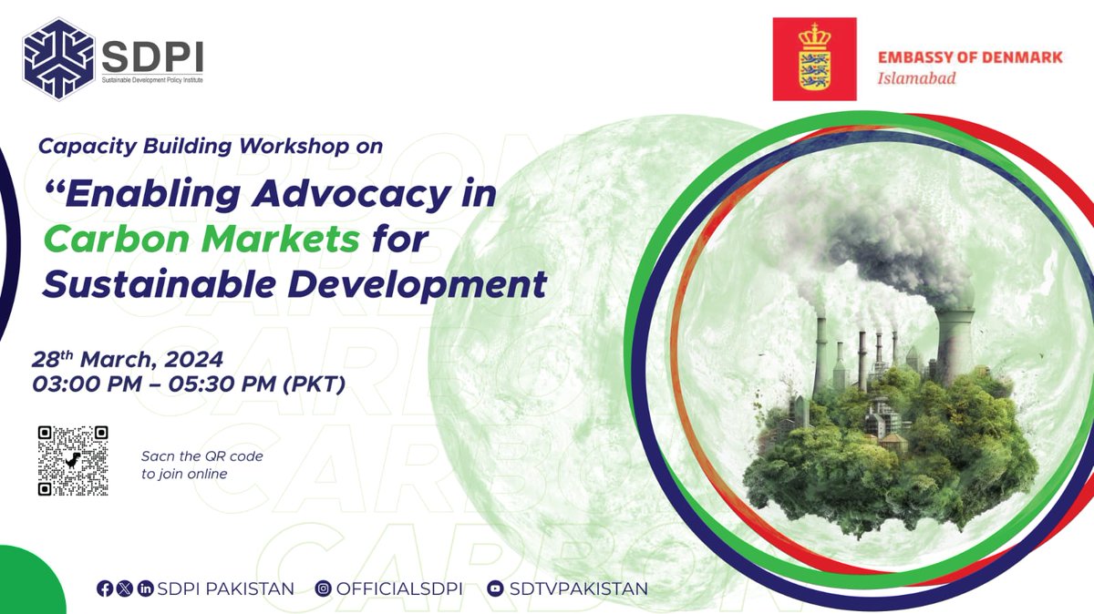 📢SDPI, in collaboration with @DKinPK is organising another exciting capacity building workshop on 𝗘𝗻𝗮𝗯𝗹𝗶𝗻𝗴 𝗔𝗱𝘃𝗼𝗰𝗮𝗰𝘆 𝗶𝗻 𝗖𝗮𝗿𝗯𝗼𝗻 𝗠𝗮𝗿𝗸𝗲𝘁𝘀 𝗳𝗼𝗿 𝗦𝘂𝘀𝘁𝗮𝗶𝗻𝗮𝗯𝗹𝗲 𝗗𝗲𝘃𝗲𝗹𝗼𝗽𝗺𝗲𝗻𝘁 🗓28th March ⏰️3:00-5:30pm (PKT)…