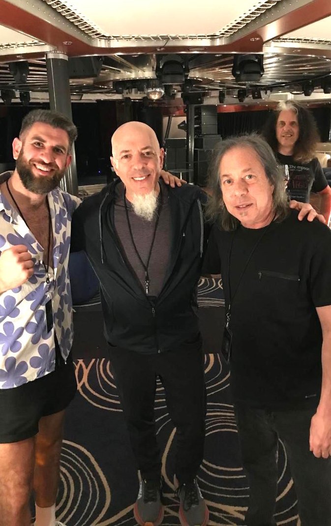 KEYBOARD SUMMIT: Hanging out with Jordan Rudess and Peter Jones (from Haken) on the cruise. (With Alex Skolnick lurking in the background!)