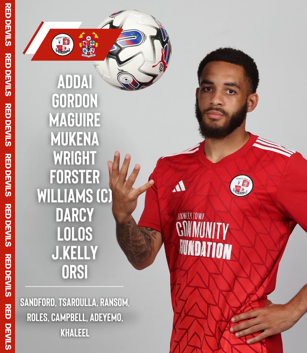 📰 TEAM NEWS Jay Williams has returned from international duty early and captains an unchanged Crawley team this afternoon! #TownTeamTogether🔴
