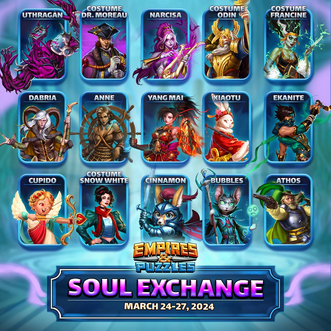 Arriving tomorrow...Soul Exchange - Spring 2024 edition! 🔁 🌷 We can now reveal the Heroes included! ✨🍃 👉🏻 Play now: bit.ly/Empires-Puzzles