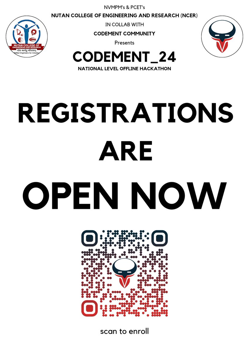 _codement's tweet image. Join us for the most exciting Mega Tech Event - &quot;Codement_24&quot;, 
Registrations are Open Now.
Website - codement.tech

Event Details - 6th &amp;amp; 7th April,2024
Venue - NCER Campus, Talegaon Dabhade, Pune.

REGISTER NOW !
#hackathon #Pune #events #Trending #India #SmartIndia