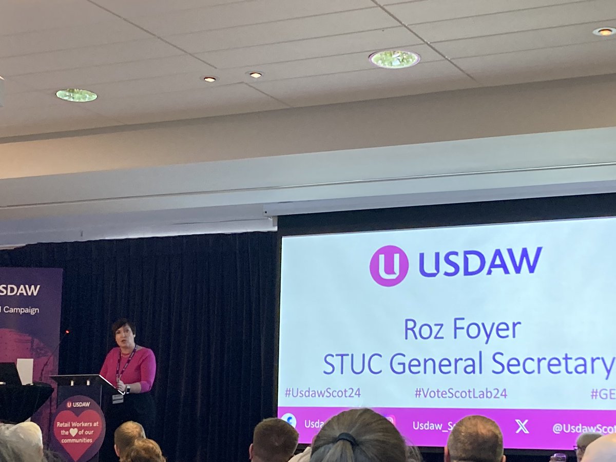 Brilliant speech from STUC General Secretary Roz Foyer at #UsdawScot24 who reminds us that ‘solidarity is our superpower’. Trade unions have been the most progressive force for wealth distribution and closing the gender pay gap in Scotland. Collective power can build change ✊