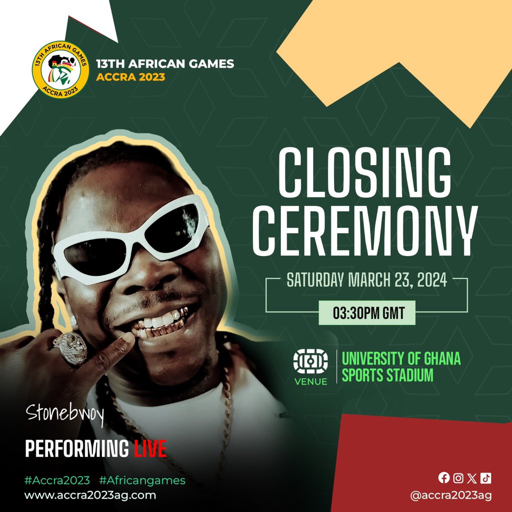 Stonebwoy will perform at the closing ceremony of the 2023 African Games at the University of Ghana Sports Stadium on Saturday, March 23. #AllAfricanGames2023 Mohbad. Prempeh College Herh ECG Blacko. Bobrisky