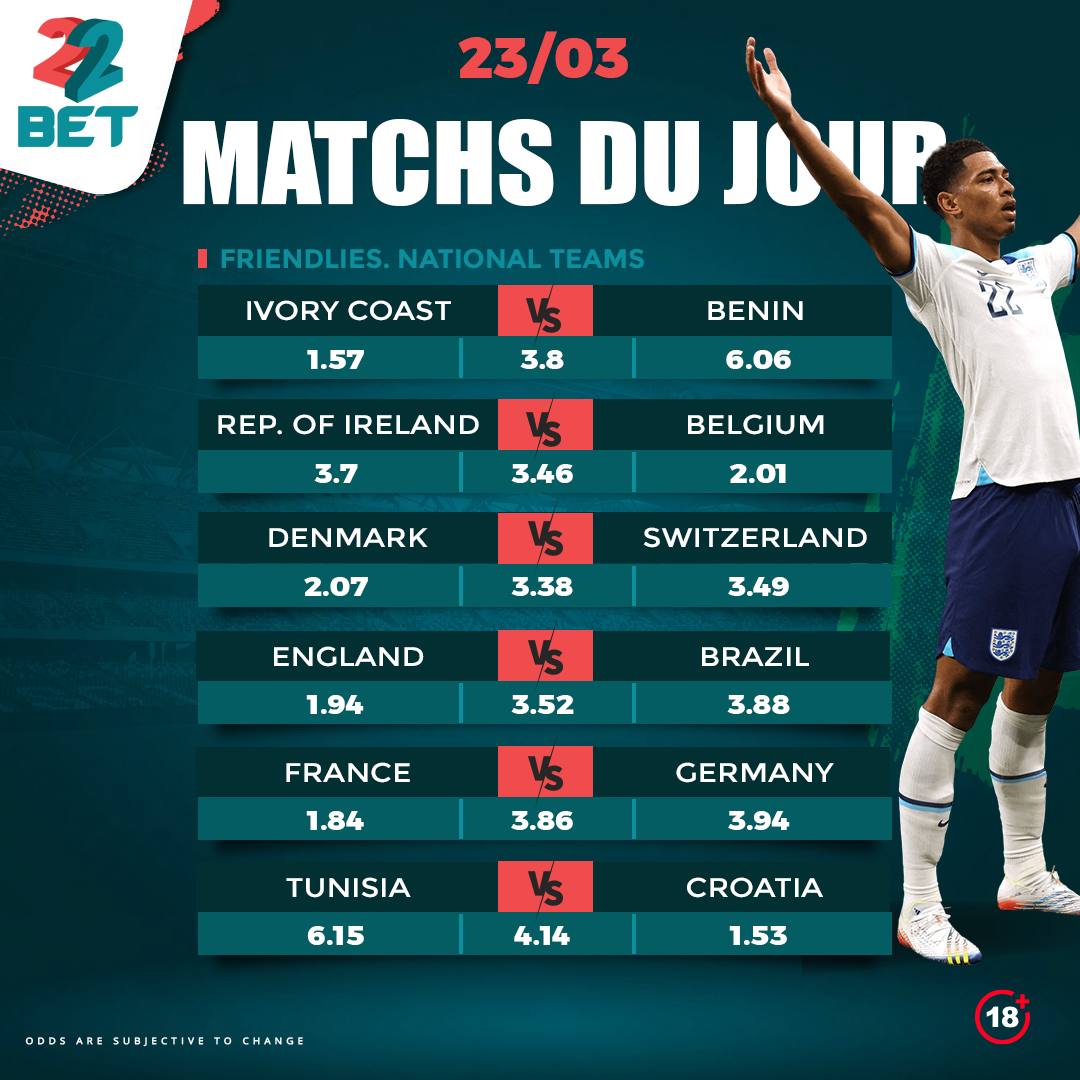 Voici les matches internationaux d’aujourd’hui ⚽️🤞🏾

Pariez vite

#22Bet #Bestodds #Switchto22Bet #InternationalFriendly