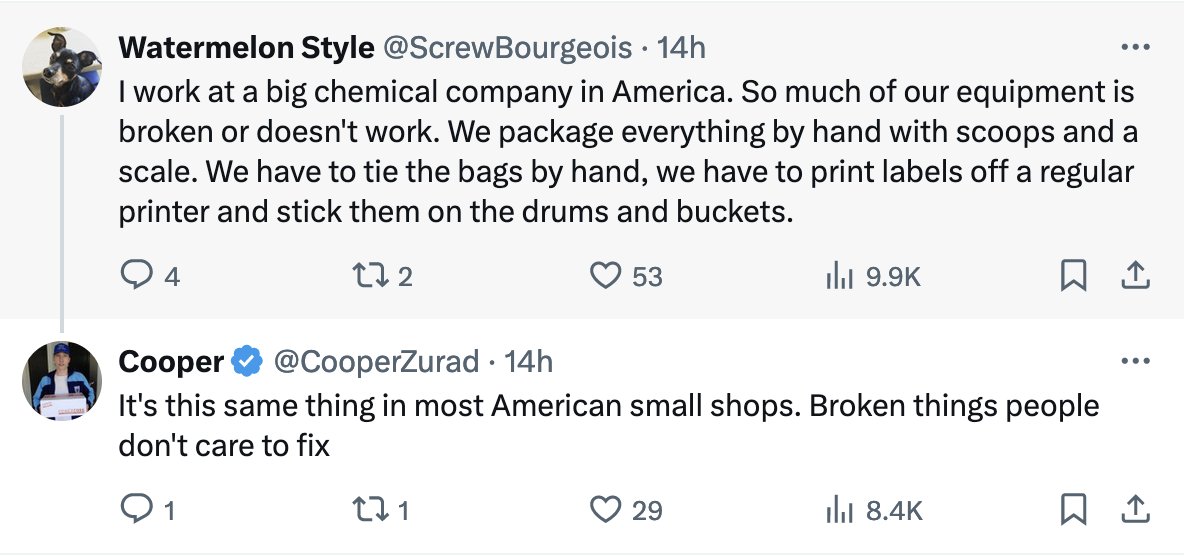 Reading Goldratt's The Goal, you think 'omg, manufacturing management is actually not using the simple optimization algorithms we learn in second year CS classes??'

And this, similarly, makes me want to buy a defunct American chemical factory and get it running properly!