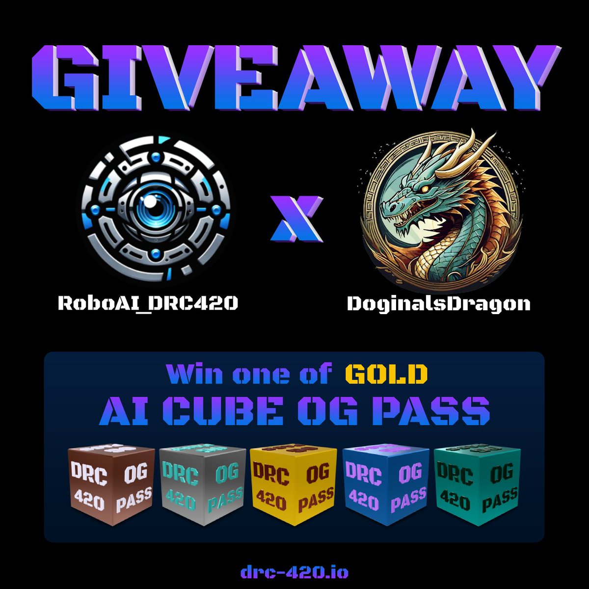 🐉 We're happy to announce our partnership with <a href="/RoboAI_DRC420/">RoboAI | DRC-420</a>!

🤖RoboAI DRC420 - pioneers in DRC-420 Protocol of Doginals!

🎁 #GIVEAWAY time!
🏆10 WINNERS will receive GOLD AI CUBE OG PASS! 
🔄 First 3D experience on the #Doginals NFT versatility with rotations, zooms and