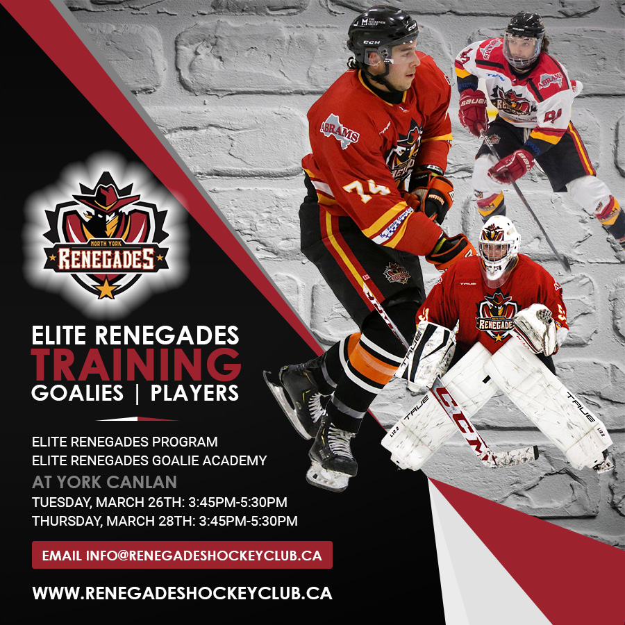TRAINING SKATES AVAILABLE!

Goalies $125 or $200  for both days
Players  $95 or $150 for both days

Etransfer info@renegadeshockeyclub.ca
Put "info" in e-transfer message

March 26th -Tuesday   3:45 -5:30
March 28th -Thursday  3:45 -5:30

Text/Call  coach Lloyd at 647-646-0777