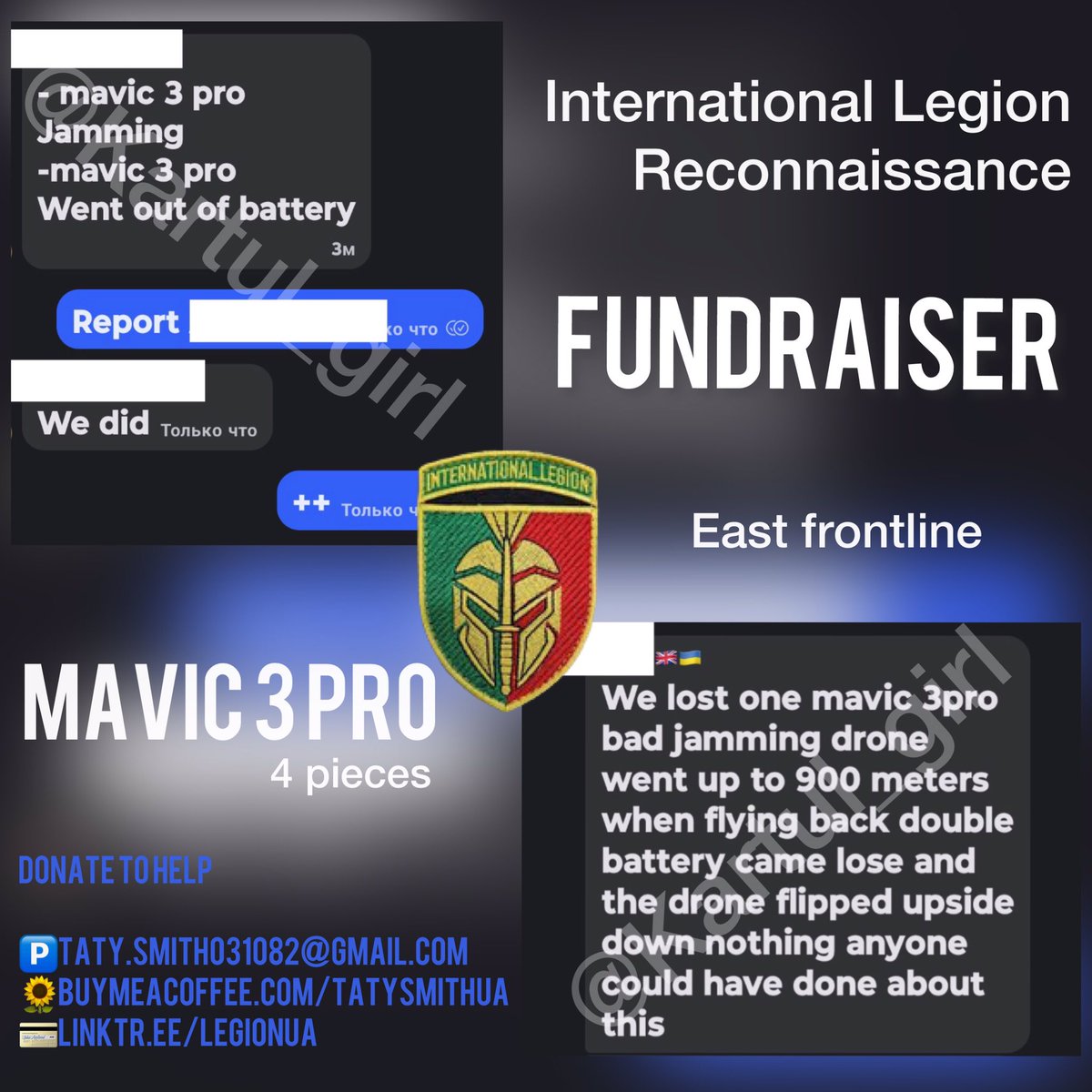 FUNDRAISER‼️DRONES EAST ZERO LINE Friends🇺🇦the collection is very slow🙏 🚨RT.QT.REPLY Essential to prevent the enemy from advancing ✅ $1466 Intl Legion Reconnaissance MAVIC 3 PRO *4pcs 🎯~$8300 🅿️taty.smith031082@gmail.com buymeacoffee.com/tatysmithUA linktr.ee/legionua