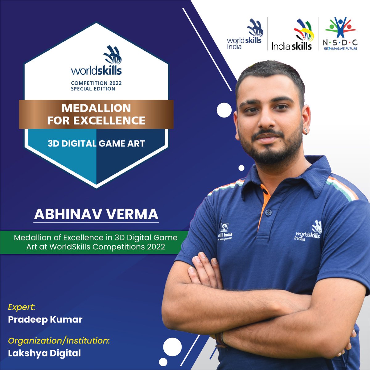ABHINAV VERMA's journey embodies life's twists. Despite challenges, his determination won him the Medallion of Excellence in 3D Digital Game Art at WorldSkills 2022, inspiring global recognition.

#TeamIndia #3DArt #SkillsForTheFuture #IndiaSkills #Skillindia #NSDE #MSDE