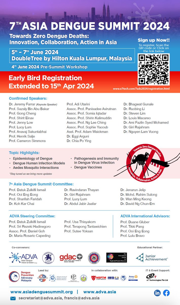 Updates on this year's Asia Dengue Summit. Join us in KL, Malaysia. Keynote by @JeremyFarrar. Speakers include @hsalje @Cam_Simmons @sophieyacoub @shirinklmddn @GSRajahram and many others.