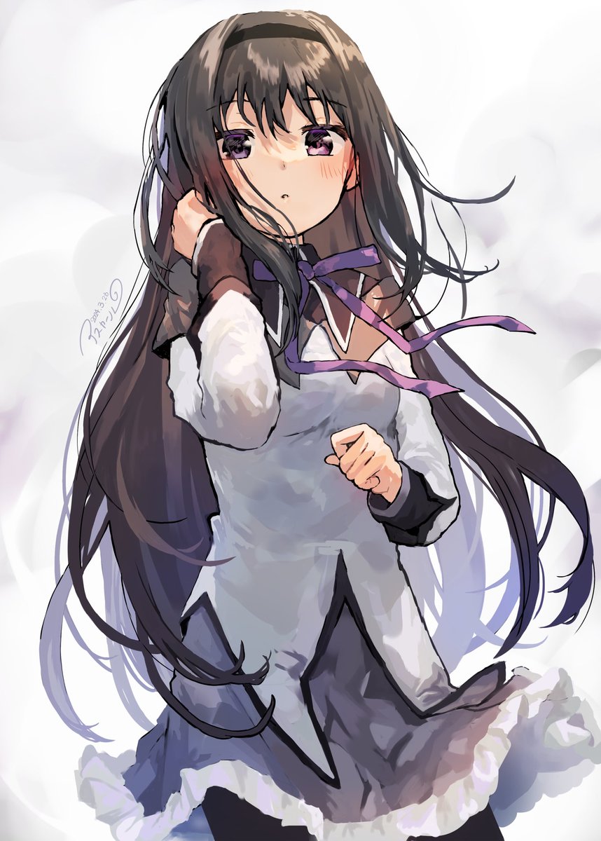 akemi homura 1girl solo long hair looking at viewer blush simple background shirt  illustration images