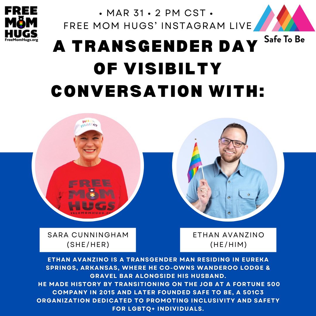 🚨🏳️‍⚧️ It’s going to be an incredible conversation for #TDOV (Transgender Day of Visibility)! Joining Sara Cunningham on Instagram Live is our friend business owner, activist Ethan Avanzino (he/him). Join us Sunday March 31 on Free Mom Hugs Instagram Live! #FreeMomHugs