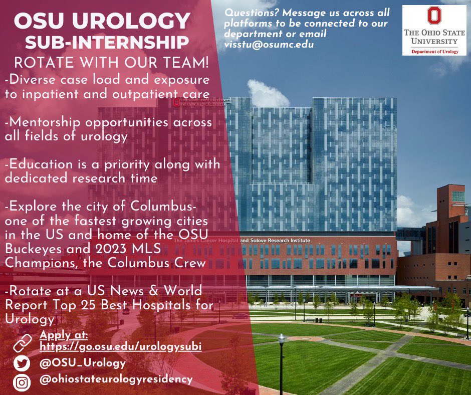 2025 Urology applicants- We are accepting sub-i applications on VSLO right now at go.osu.edu/urologysubi Visit medicine.osu.edu/departments/ur… to learn more about our program! Feel free to DM us with questions! @UrologyMatch @OSUWexMed #UroSoMe